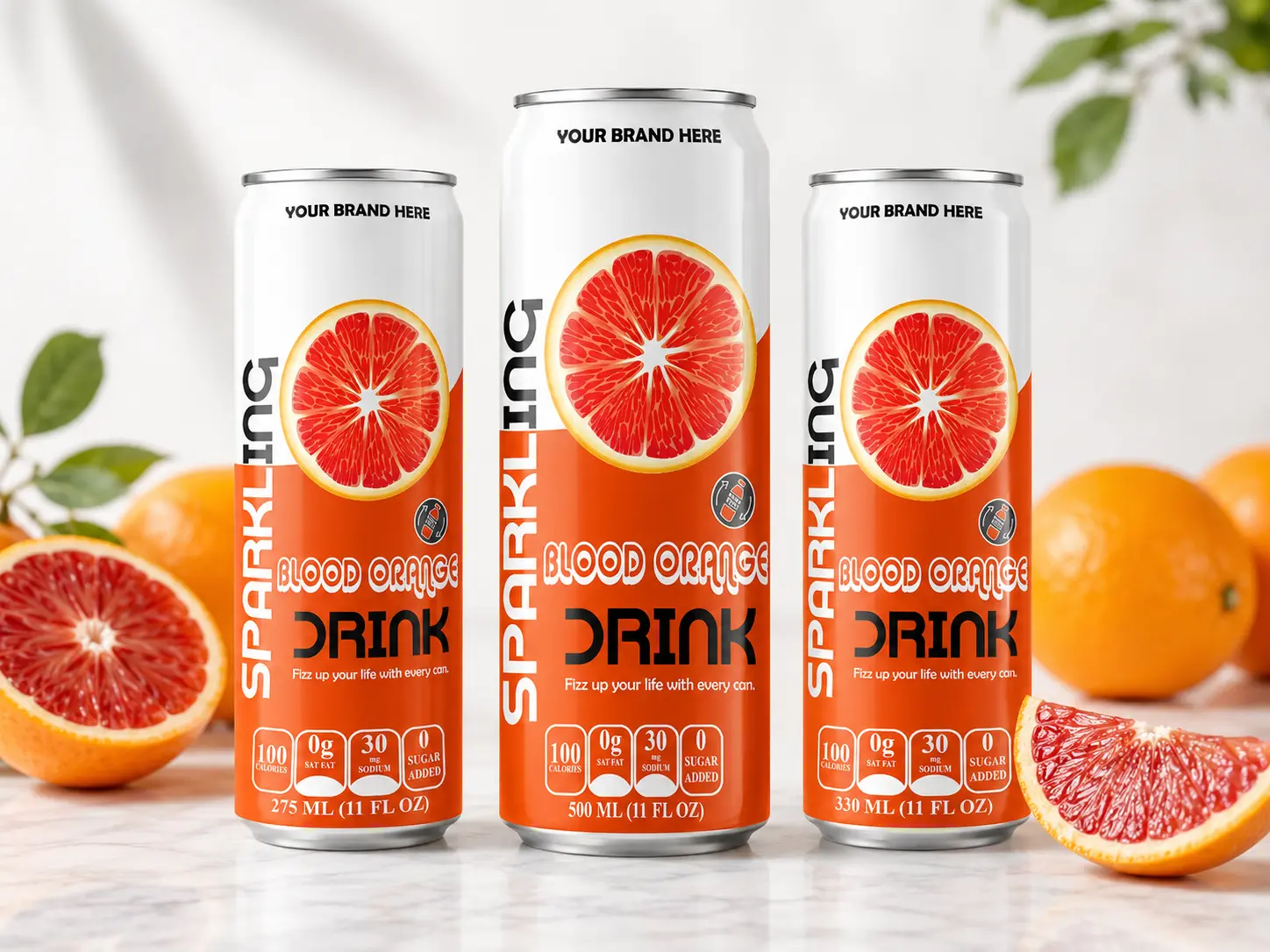 SPARKLING DRINK Blood Orange Flavored Drink in 275ml, 500ml, and 330ml cans.